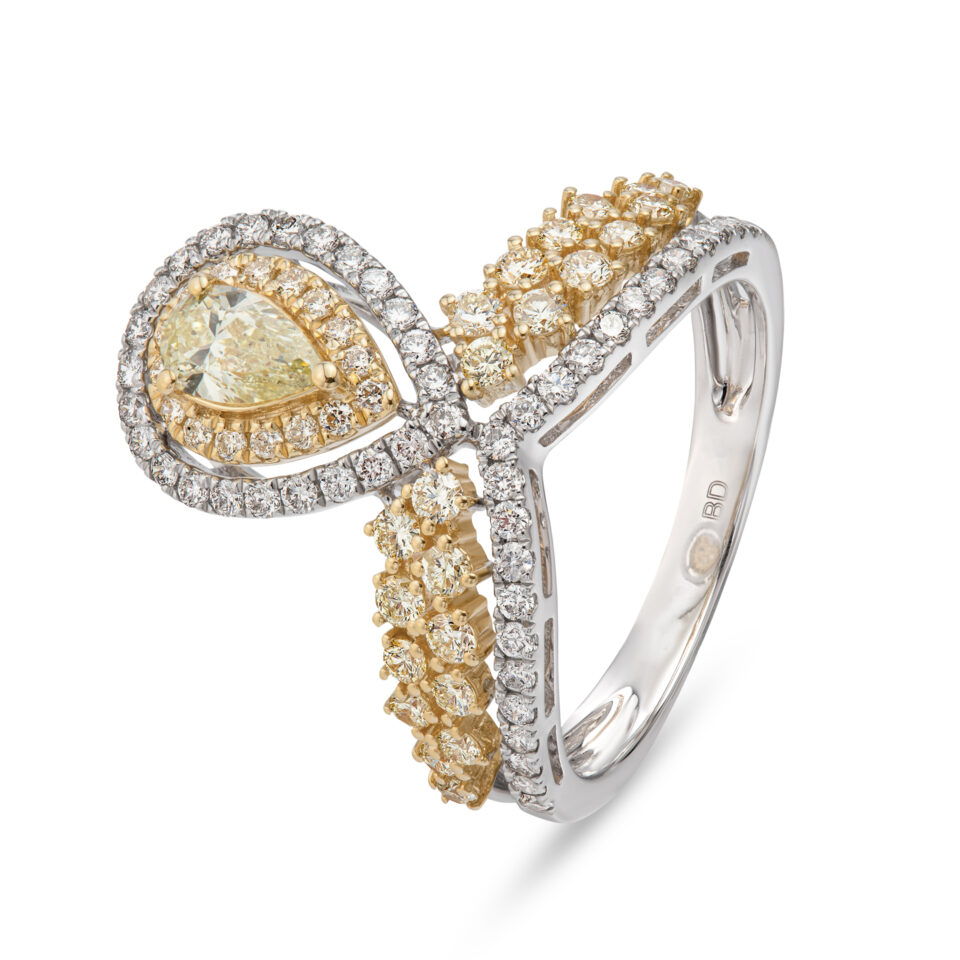 טבעת טיפה - לוטוס. זהב לבן 18 קראט. יהלומים צהובים ויהלומים לבנים. חנות תכשיטים בהרצליה
