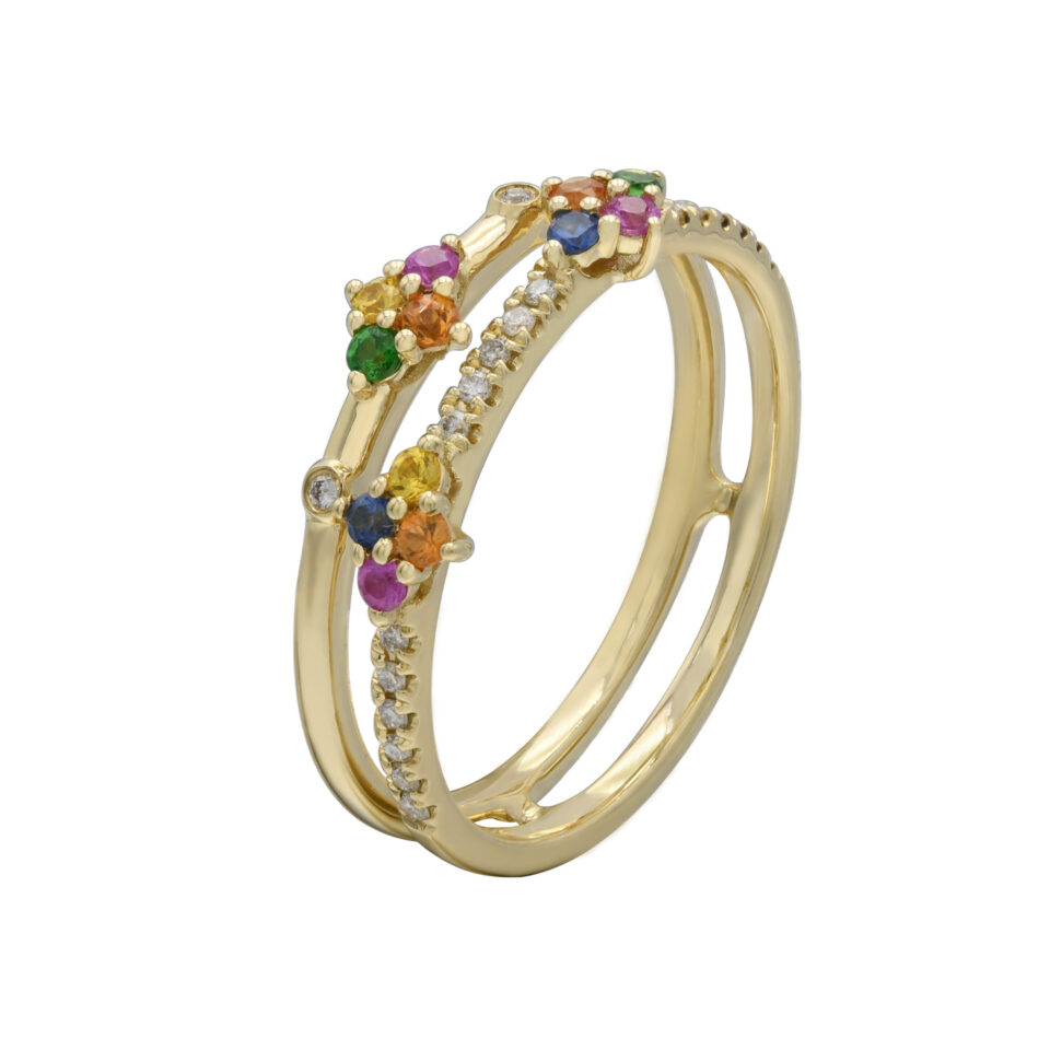 טבעת פרחים צבעוניים - אבני חן ויהלומים