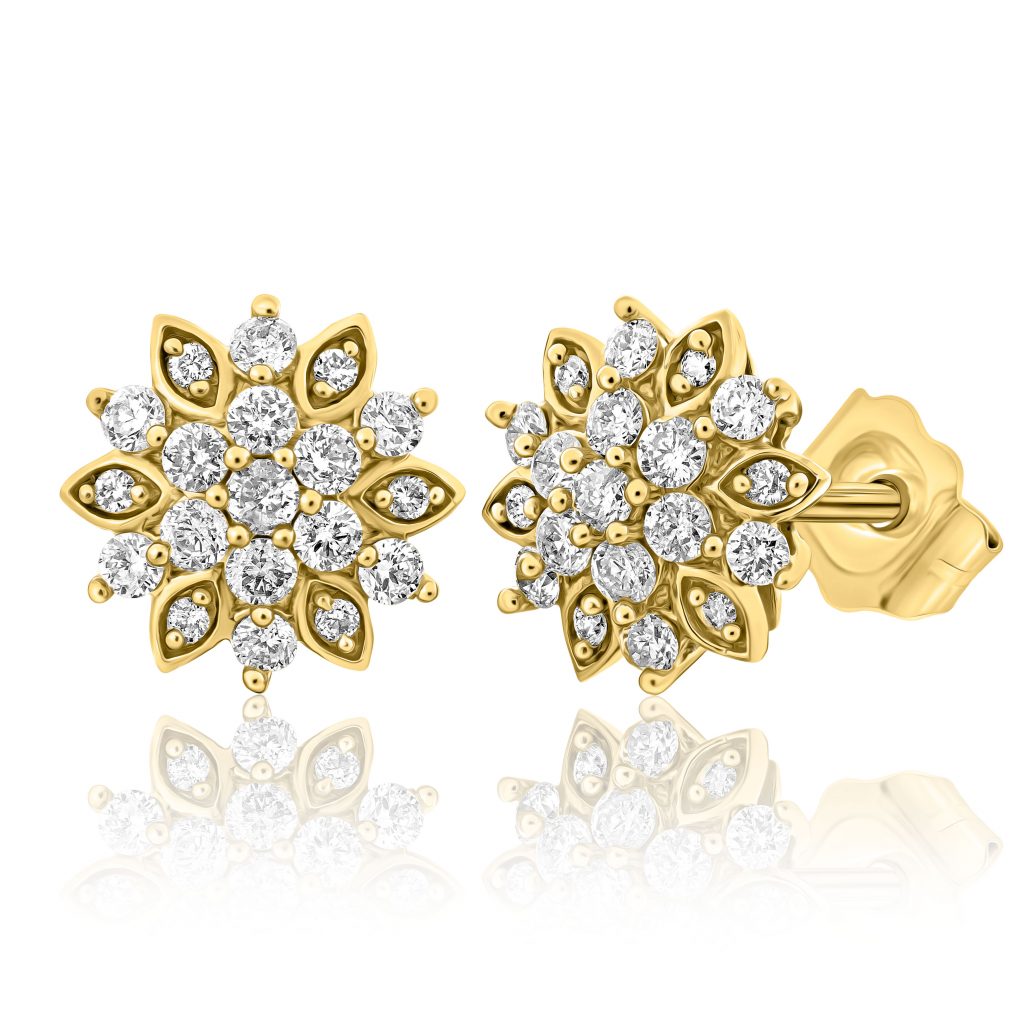 עגילי יהלומים בצורת פרח זהב צהוב