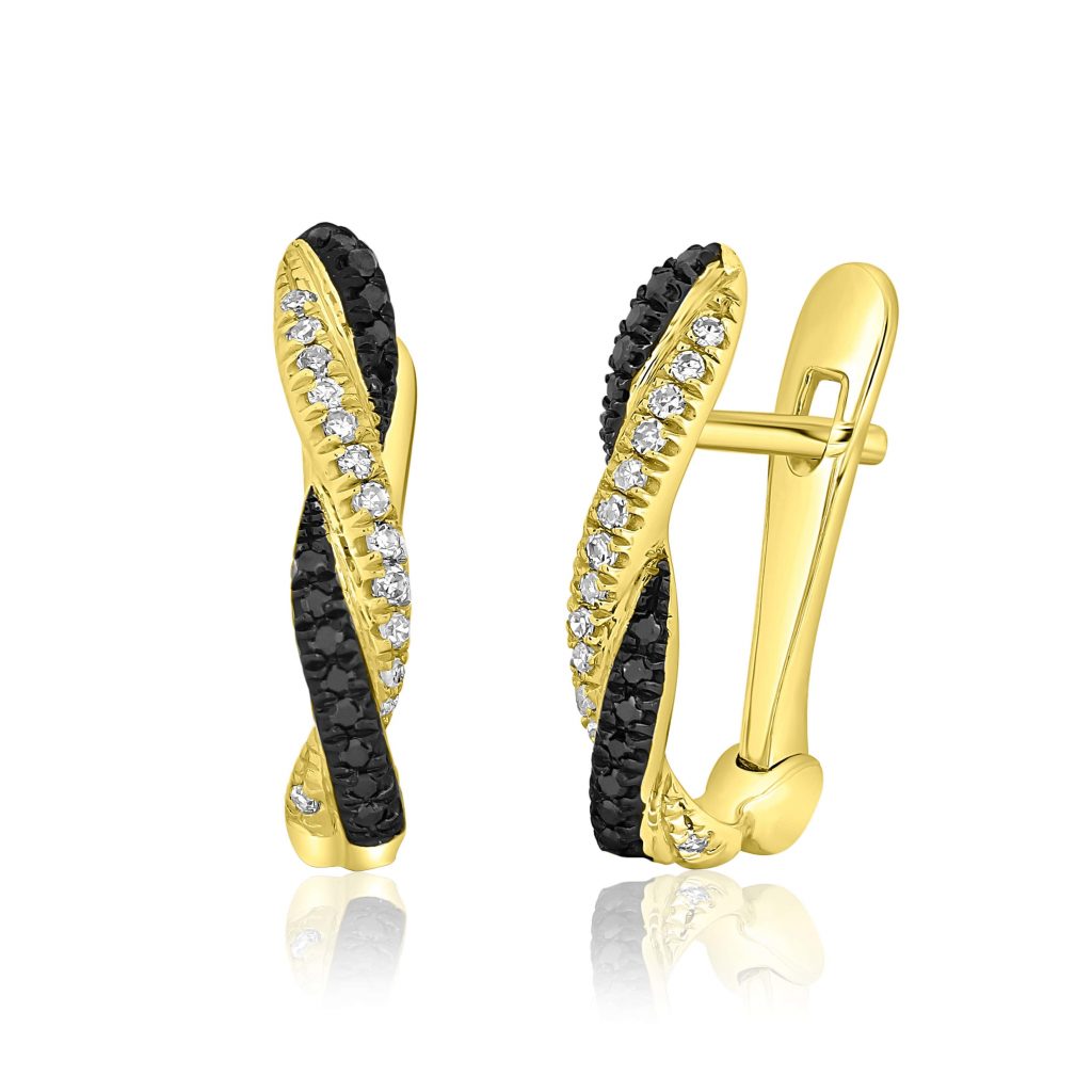 עגילים מסולסלים יהלומים שחורים ולבנים זהב צהוב