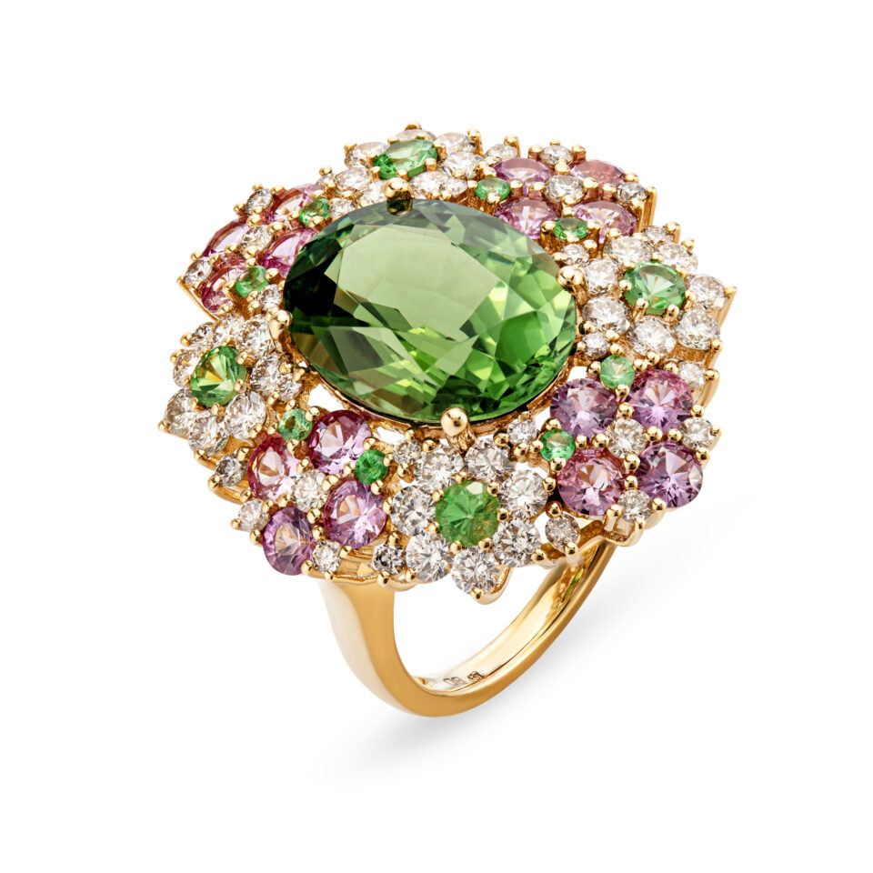 טבעת 18 קראט משובצת יהלומים ואבני חן - "פלורה"