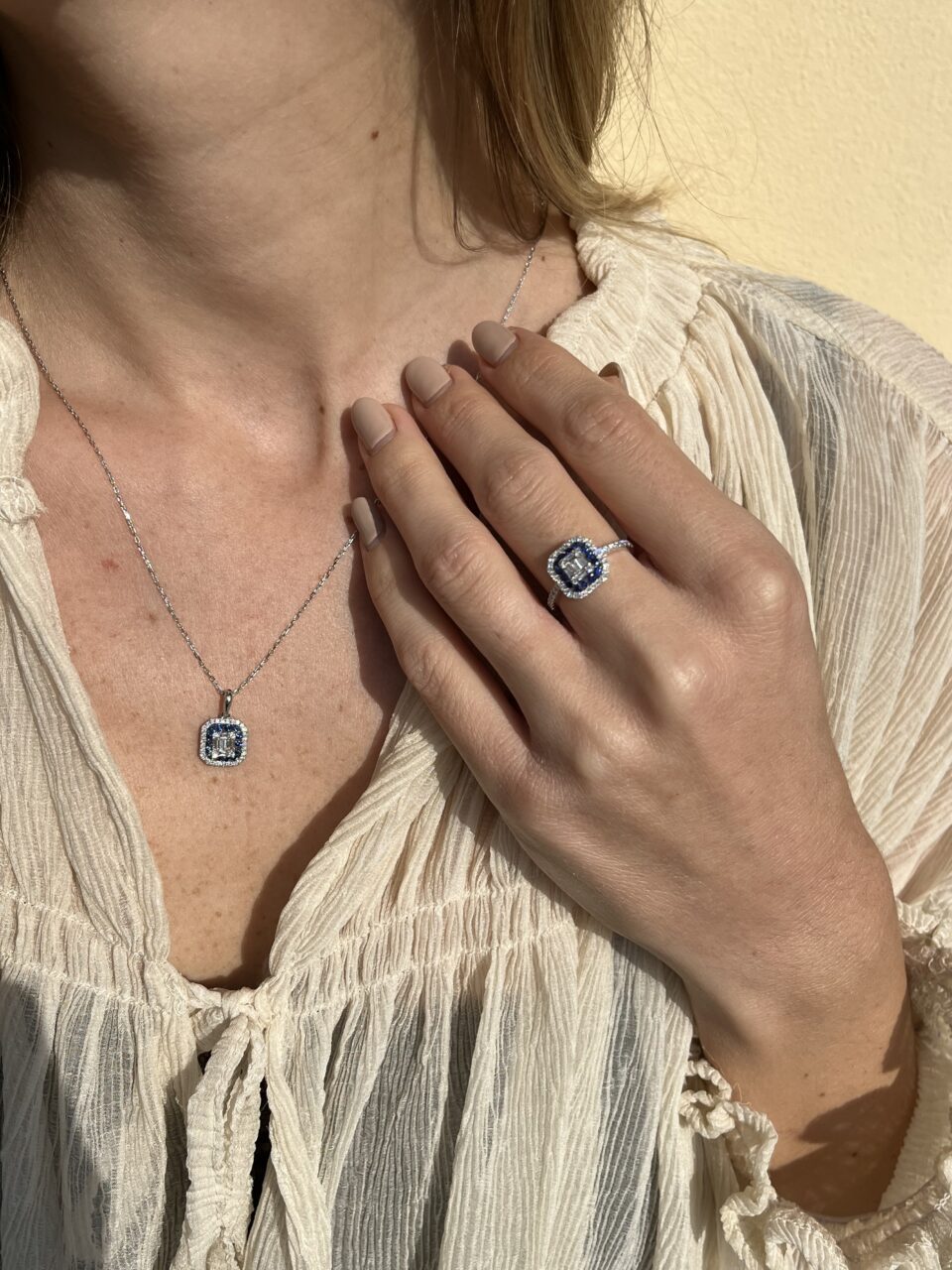 סט טבעת ושרשרת יהלומים וספירים. תכשיטי בר-דור הרצליה