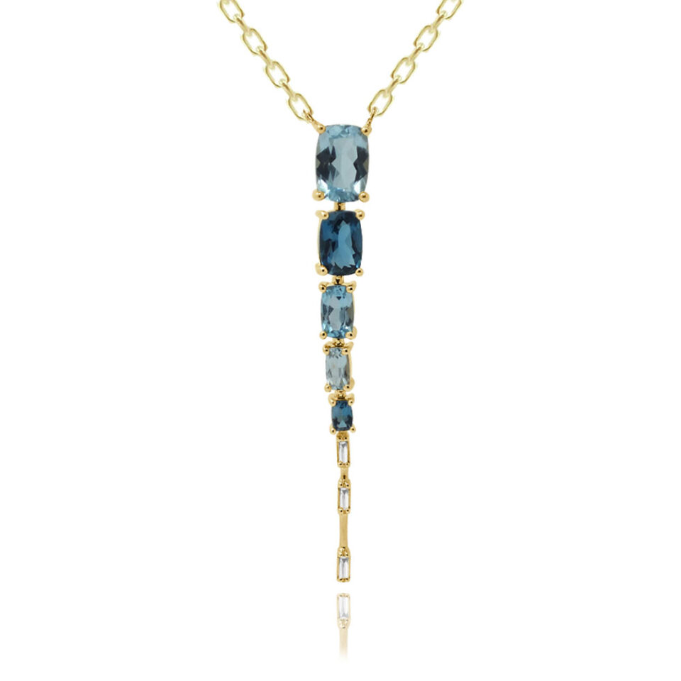 שרשרת זהב צהוב ותליון ארוך בלו טופז ויהלומים. תכשיטי בר-דור