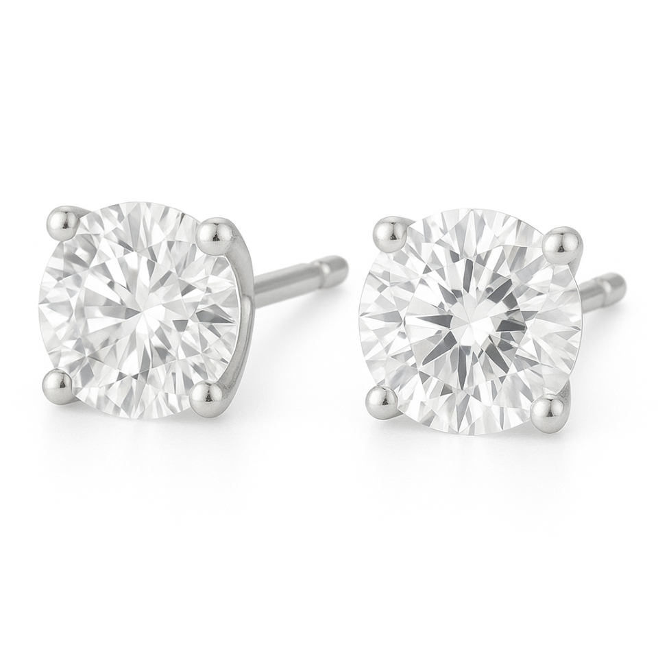 עגילים צמודים לאוזן מזהב לבן 14 קראט משובצים יהלום מעבדה 1 קראט בכל צד