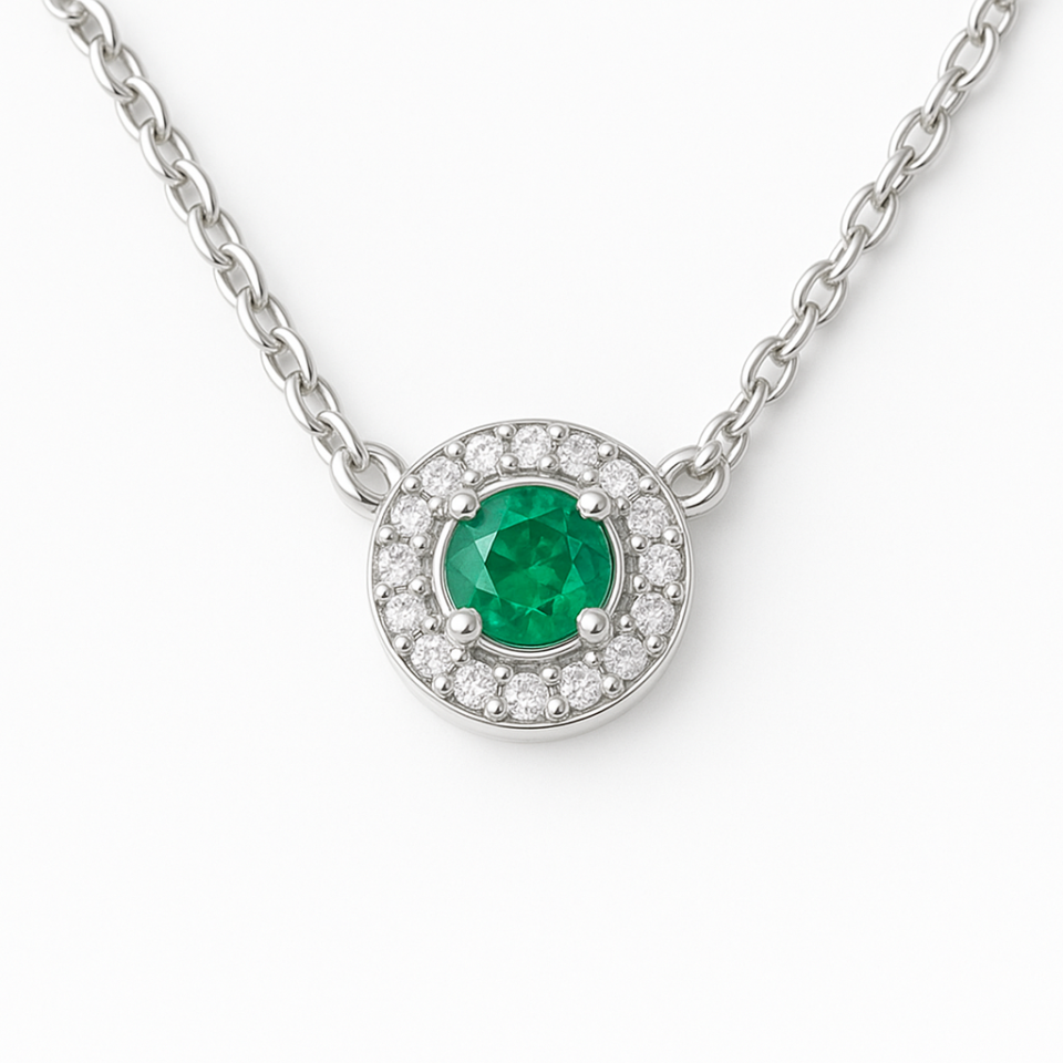 שרשרת אמרלד ויהלומים - זהב לבן 14 קראט