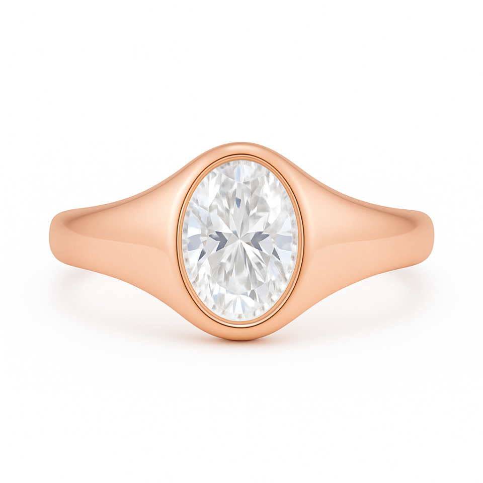 טבעת חותם יהלום מעבדה OVAL 1 קראט. זהב ורוד 14 קראט