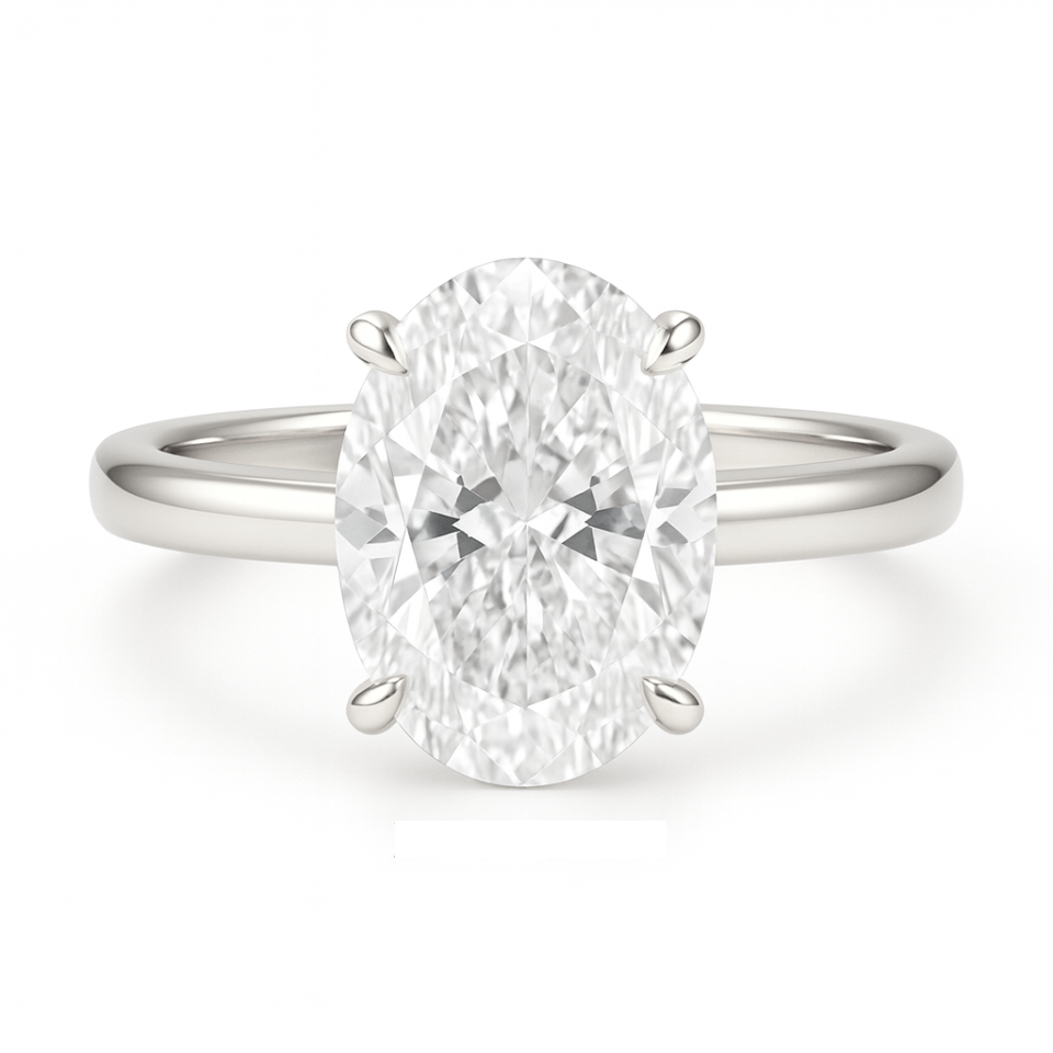 טבעת אירוסין מזהב לבן 14 קראט משובצת יהלום מעבדה 3 קראט בחיתוך אובל