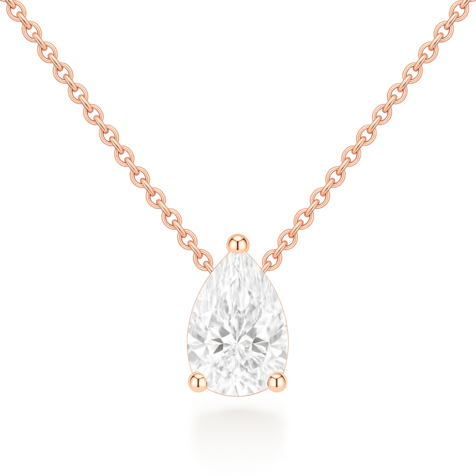 שרשרת סוליטר טיפה יהלום מעבדה 1.5 קראט זהב ורוד 14 קראט