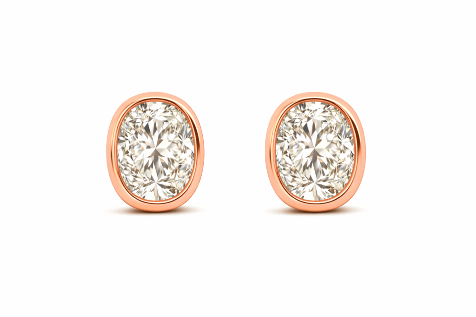 עגילים צמודים לאוזן בחיתוך Oval משובצים בטכניקת שיבוץ בזל (Bezel setting) זהב ורוד 14 קראט