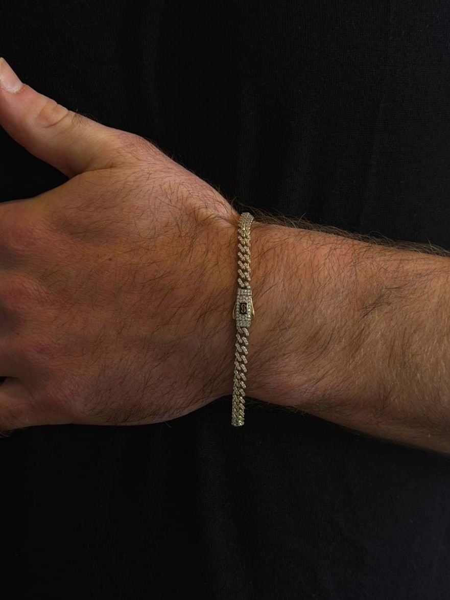 צמיד גורמט לגבר מזהב 14 קראט משובץ זרקונים Monaco Chain . תכשיטי בר-דור