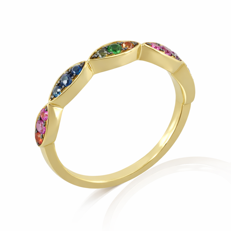 טבעת זהב 14 קראט מעוצבת בחוליות משובצות אבני חן צבעוניות ספירים צבעוניות ואבני טסבורייט ירוקות – תכשיטי בר-דור