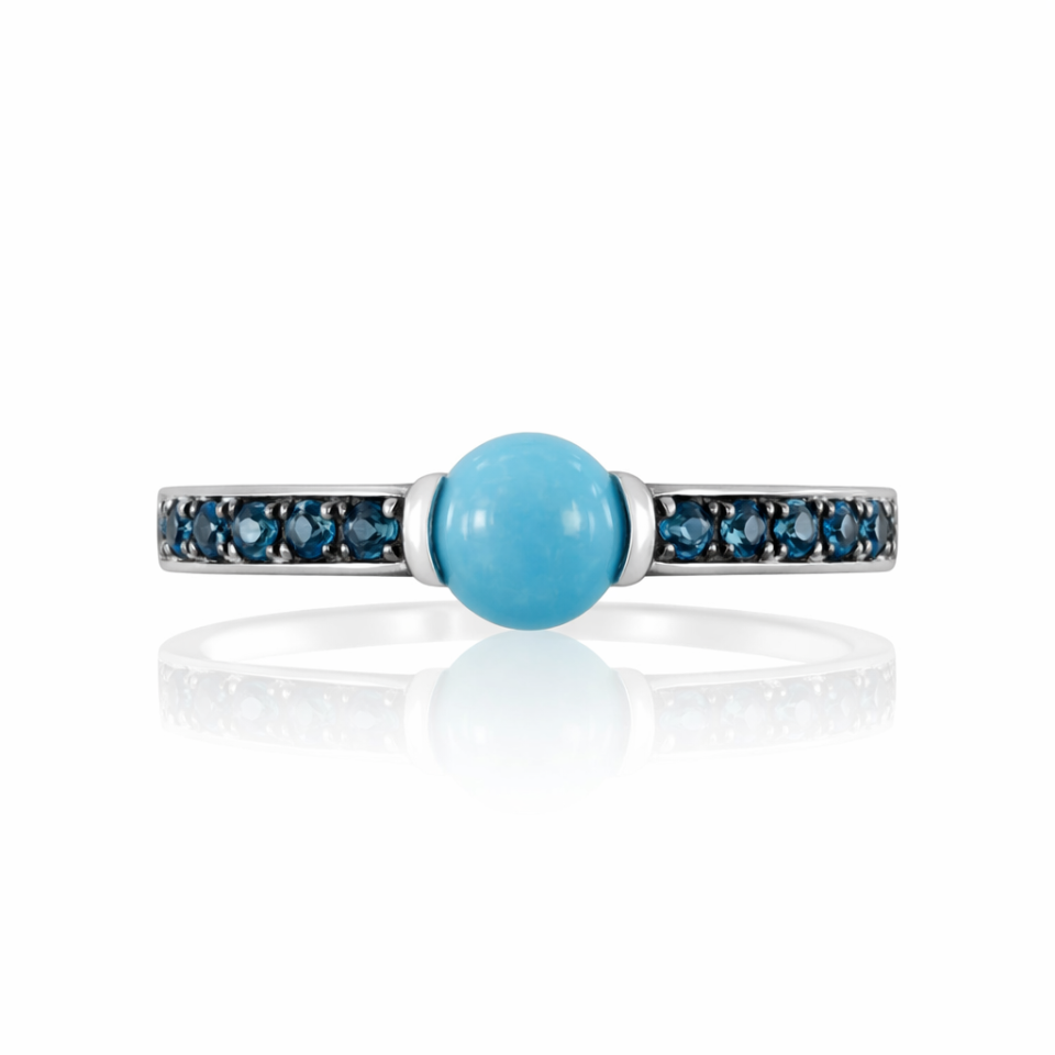 טבעת טורקיז ולונדון בלו טופז - זהב לבן
