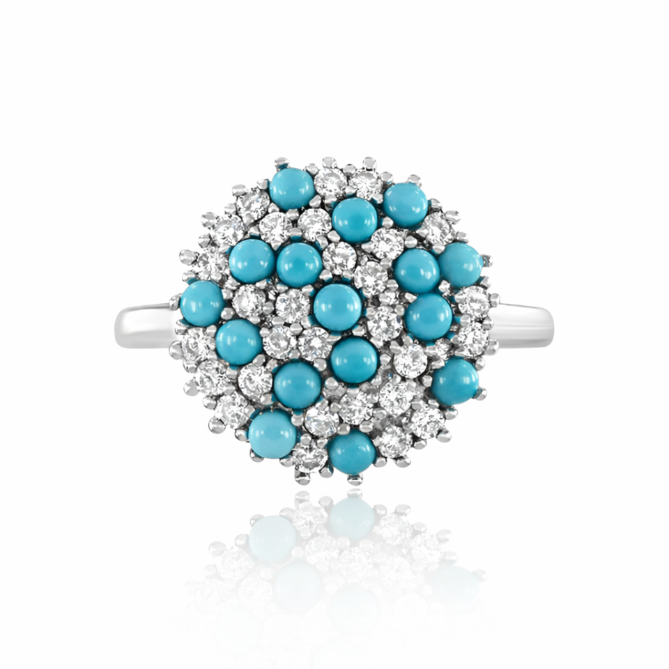 טבעת "קוקטייל" מזהב לבן 14 קראט, יהלומים ואבני טורקיז