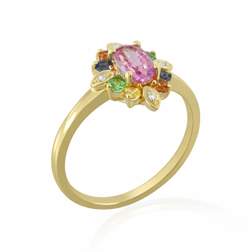 טבעת פריחה צבעונית משובצת אבני חן ויהלומים זהב 14 קראט. מבט מהצד