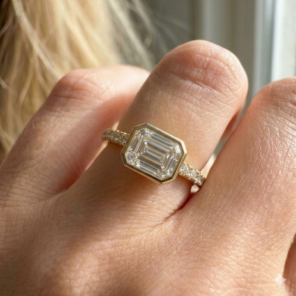 טבעת אירוסין משובצת יהלומי מעבדה Emerald Cut - תכשיטי בר-דור