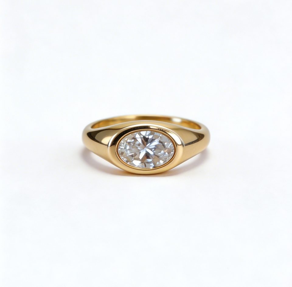 טבעת חותם זהב 14 קראט משובצת יהלום מעבדה אובלי לרוחב 1 קראט