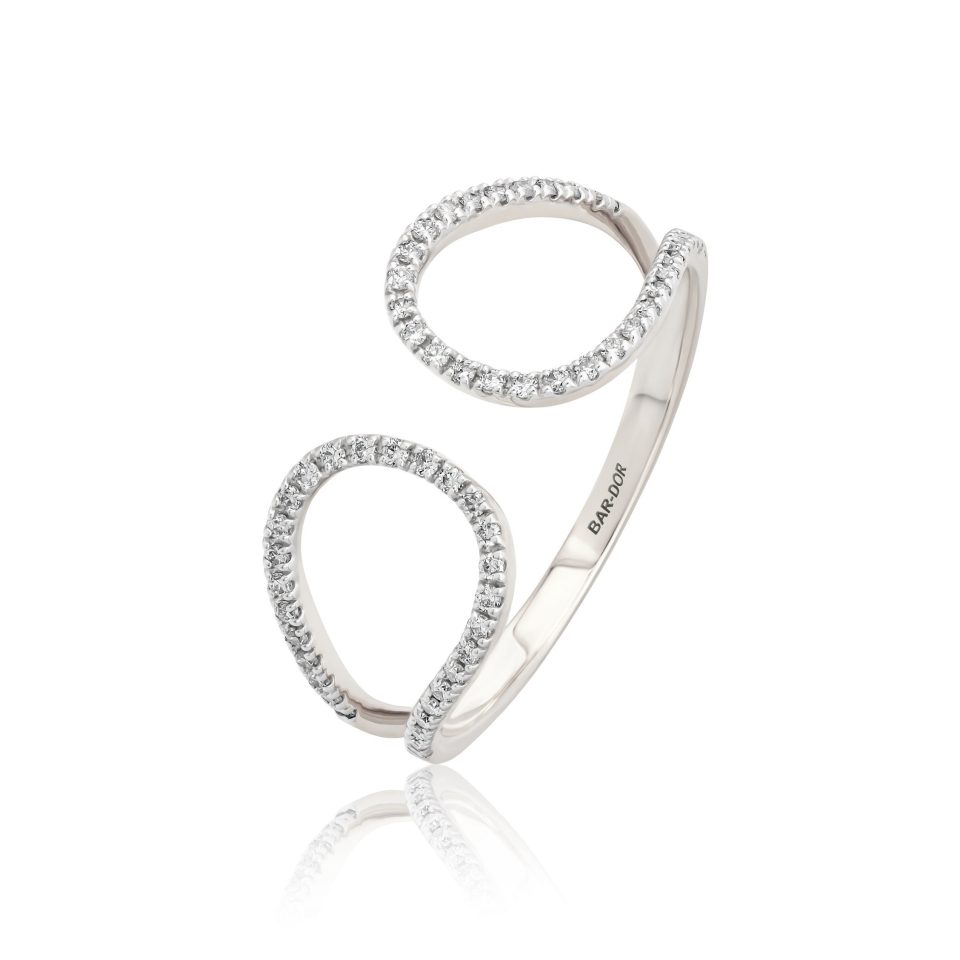 טבעת יהלומים טבעיים "אריאנה" שני עיגולים זהב לבן 14 קראט - תכשיטי בר-דור