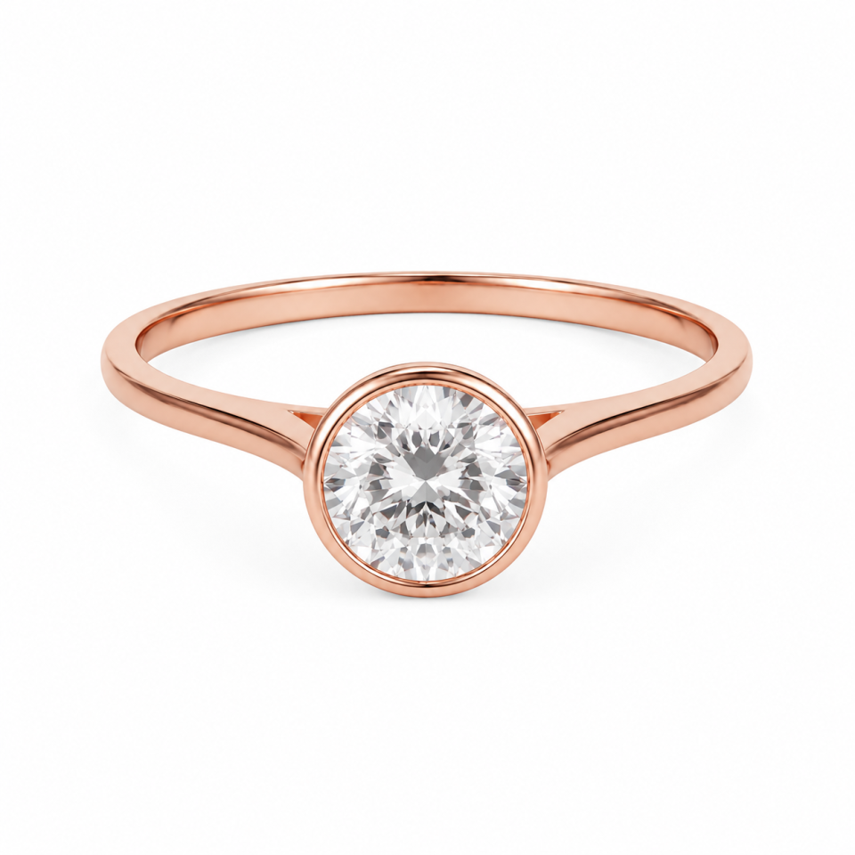 Lab Grown Diamond ring 18K ROSE gold, set with 1 ct round diamond. bezel setting