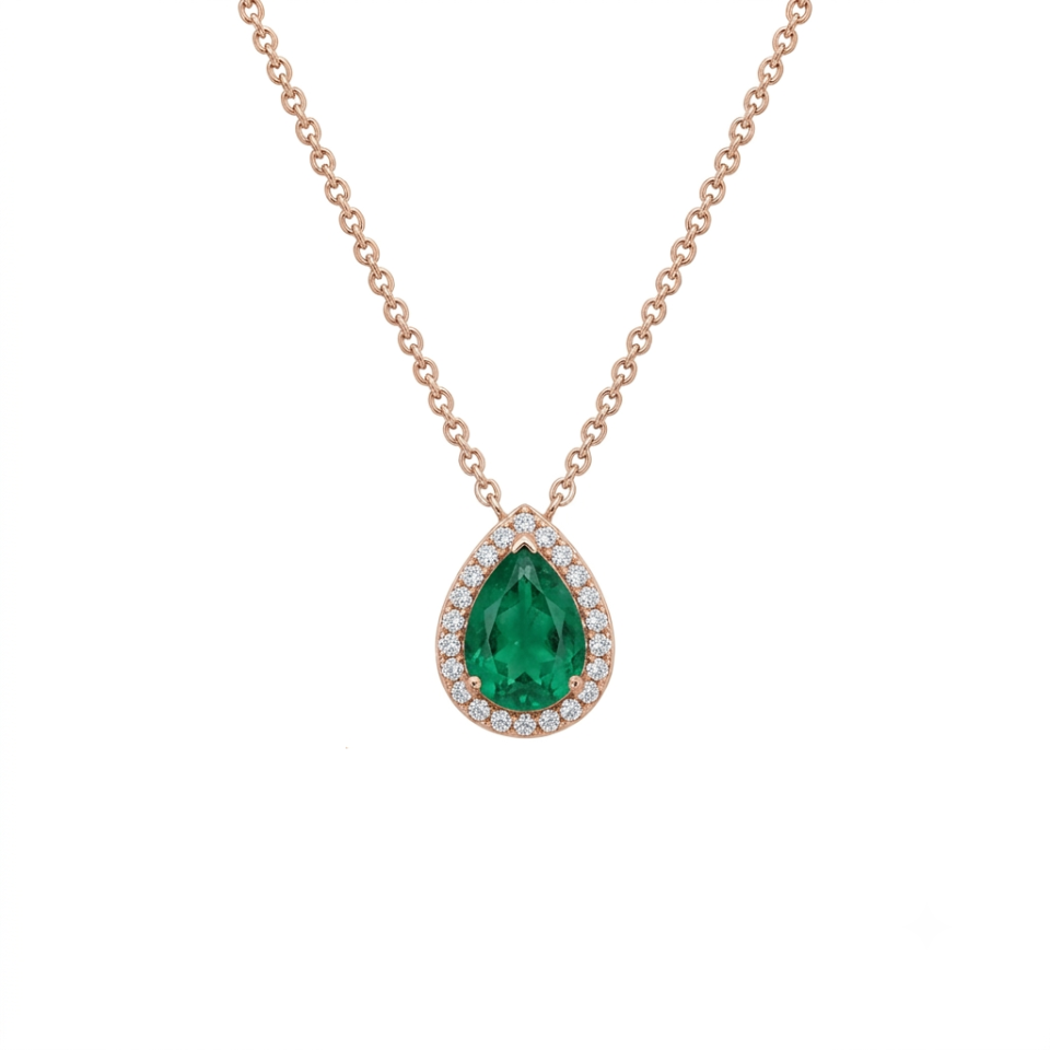 Pear Shape Emerald and diamond necklace. 14K rose gold