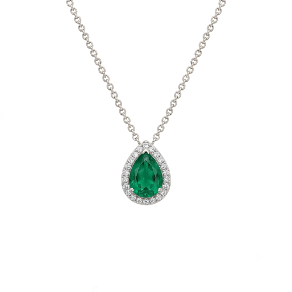 Pear Shape Emerald and diamond necklace. 14K white gold